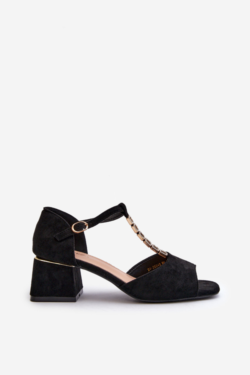 Sandały Damskie Na Obcasie Klocku Z Ozdobnym Paskiem Eko Zamszowe Czarne Obivena