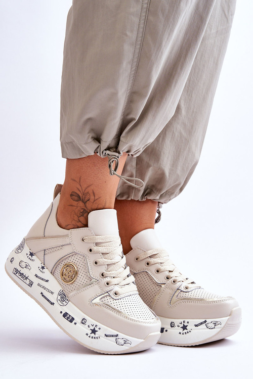 Damskie Skórzane Sneakersy Na Masywnej Platformie Beżowe Asturia