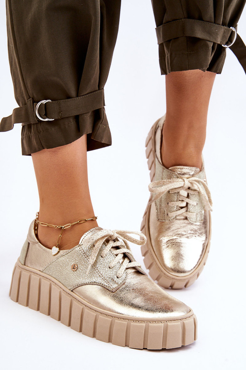 Zazoo 10128 Skórzane Półbuty Na Platformie Złote