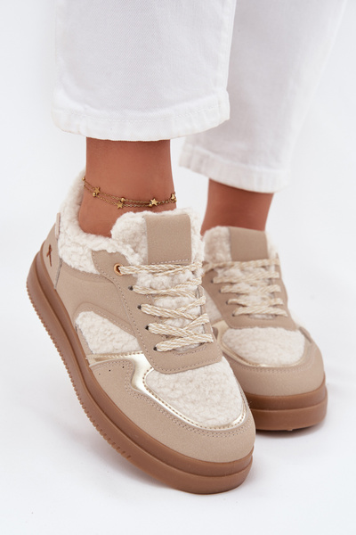 Sneakersy Damskie Na Platformie Z Futerkiem Typu Baranek Beżowe Frelina