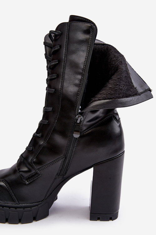Sznurowane Skórzane Botki Na Masywnym Słupku Czarne Khariah