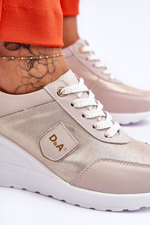 Damskie Skórzane Sneakersy Na Koturnie Złote Beatris