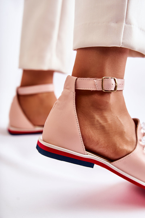 Damskie Skórzane Sandałki Z Ozdobą Jasnoróżowe Nevassa