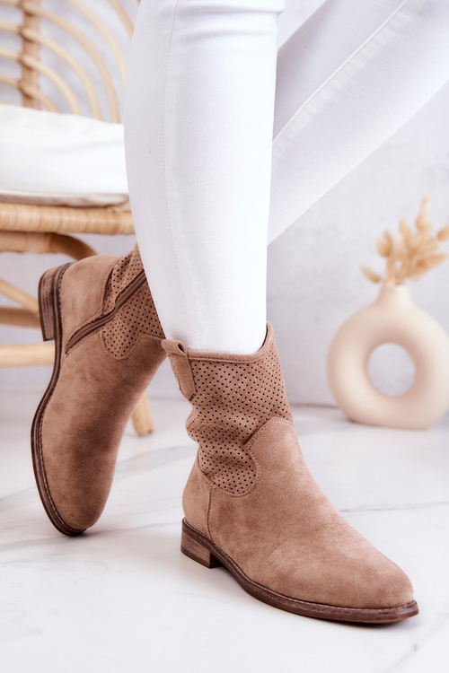 Zamszowe Damskie Ażurowe Botki Beżowe Lemar