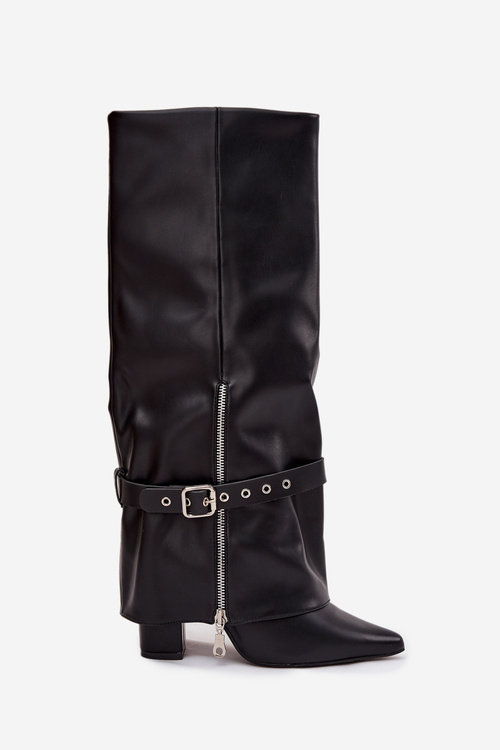 Kozaki Damskie Wsuwane Na Słupku Z Ozdobnym Paskiem Eko Skórzane Czarne Jolivine