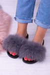 Damskie Klapki z Naturalnym Futerkiem Szare Naturis