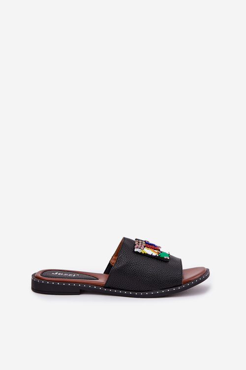 Klapki Damskie Na Płaskim Obcasie Z Ozdobą Czarne Clelione