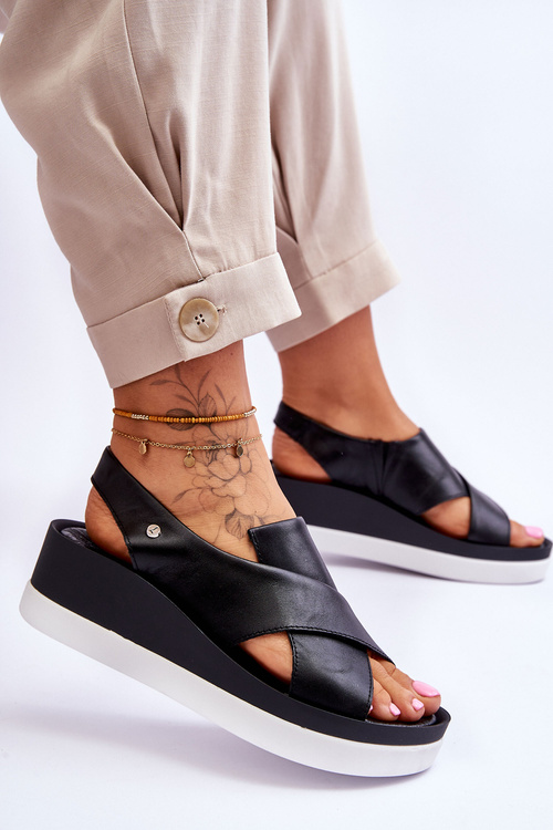 Skórzane Sandały Na Koturnie Czarne Morgan