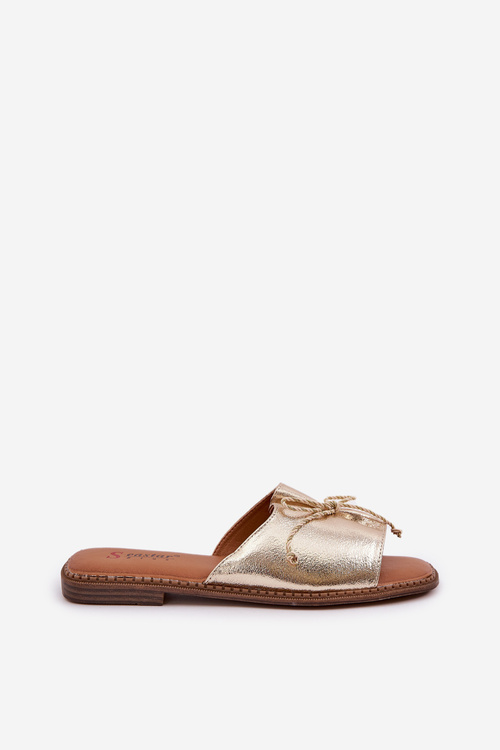 Klapki Na Płaskiej Podeszwie Z Ozdobną Kokardką Złote Deonelis