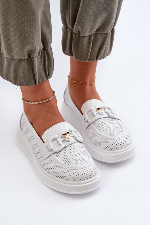 Skórzane Mokasyny Damskie Na Platformie Białe S.Barski LR720