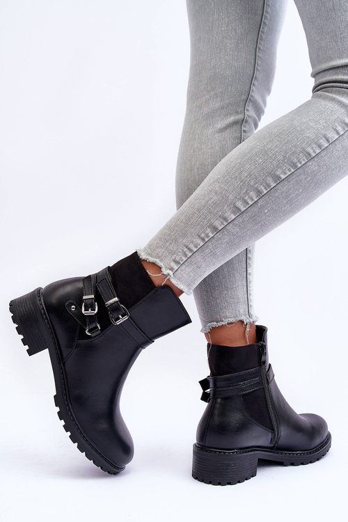 Skórzane Botki Damskie Z Paskami Czarne Minks