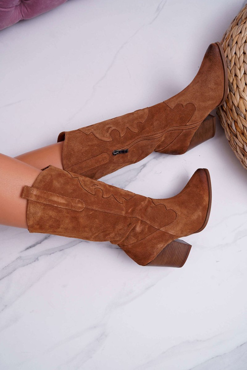 Kozaki Damskie Na Słupku Kowbojki Camel Brunt