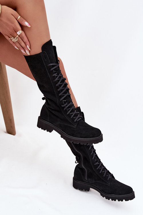 Zamszowe Botki Ze Sznurowaniem Do Połowy Łydki Zazoo 3103 Czarne