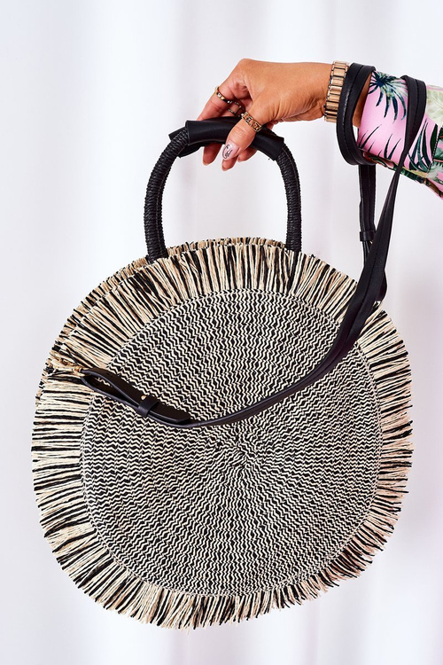 Pleciona Okrągła Torebka Boho BRUNO ROSSI Czarno-Beżowa
