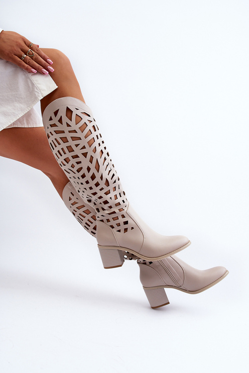 Ażurowe Kozaki Na Obcasie Beżowe Pinkema