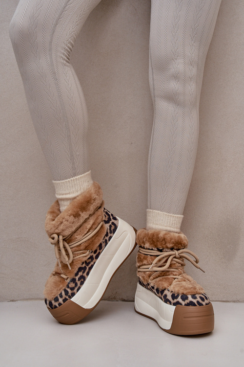 Skórzane Śniegowce Damskie Na Grubej Podeszwie Z Futerkiem Panterka Big Star OO274A208 Brązowe