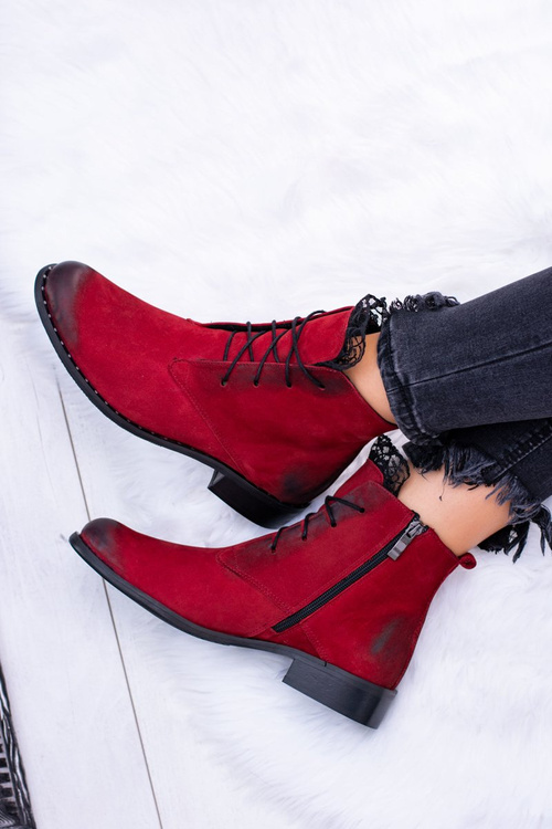 Skórzane Czerwone Damskie Botki Z Koronką Millano