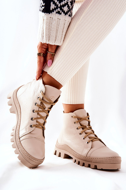 Ocieplane Skórzane Botki Trapery Beżowe Madisson