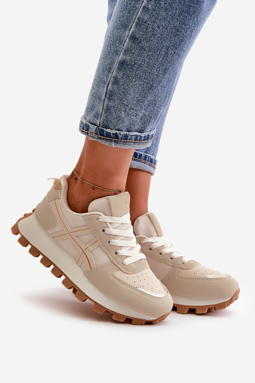 Sneakersy Buty Sportowe Damskie Sznurowane Na Platformie Beżowe Mialunae