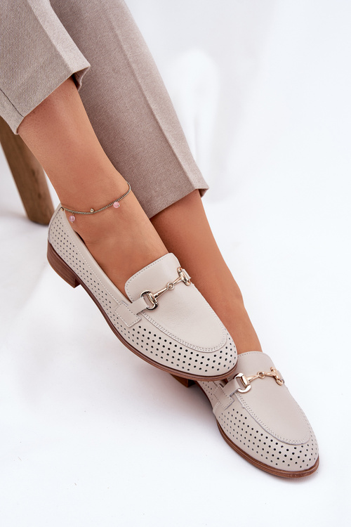 Skórzane Mokasyny Damskie Z Ozdobą Na Płaskim Obcasie S.Barski LR51-588 Beżowe