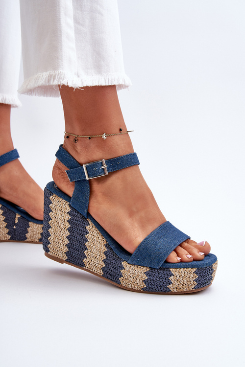 Jeansowe Sandały Damskie Na Koturnie Z Plecionką Niebieskie Reviala