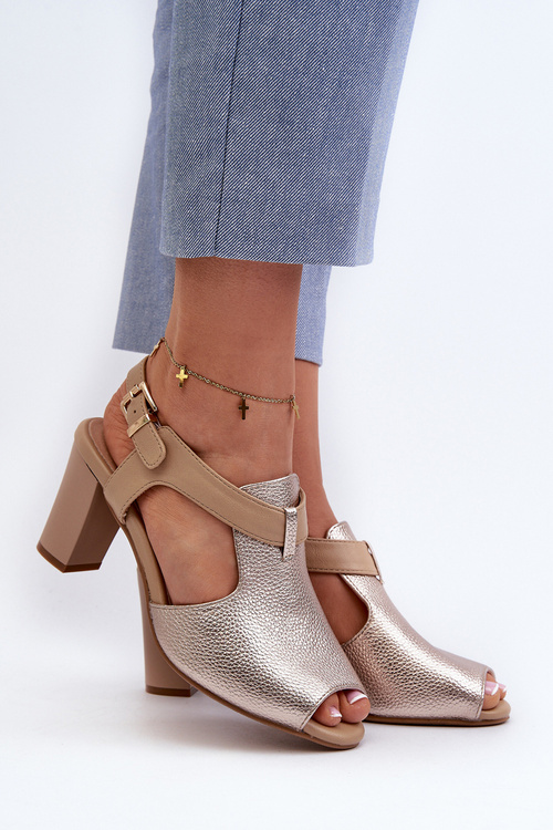 Sandały Damskie Na Słupku Z Eko Skóry Złote Queenmarie