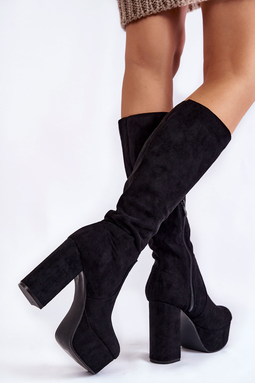 Zamszowe Kozaki Na Masywnym Obcasie I Platformie Czarne Nevira