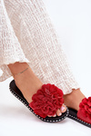 Klapki Damskie Z Materiałowymi Kwiatami Czerwone Elachase
