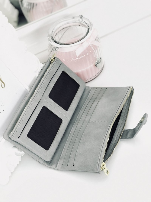 Duży Damski Szary Portfel Złote Okucia