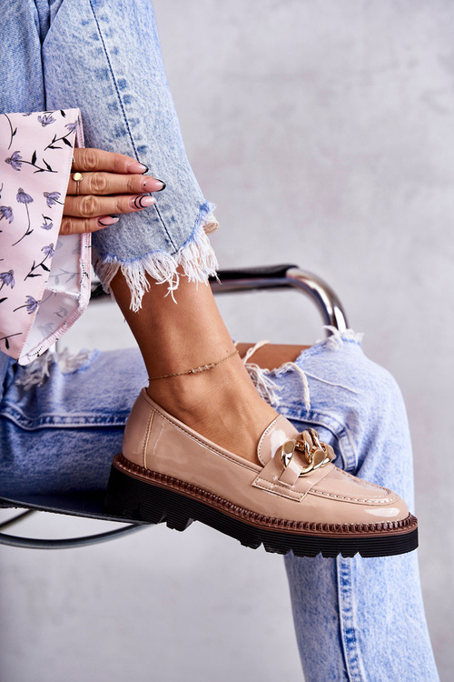 Lakierowane Półbuty Loafery Na Platformie Beżowe Reidun