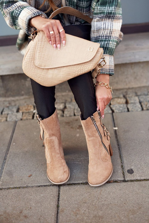 Botki Damskie Na Słupku Zamszowe Beżowe Anabelle