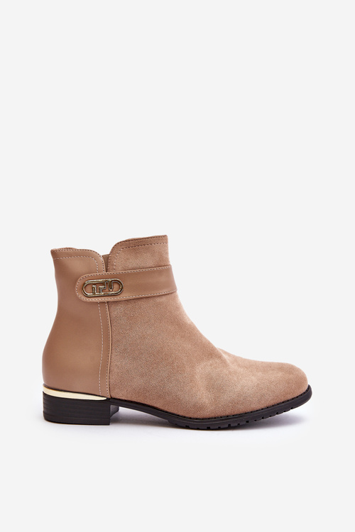 Ocieplane Botki Damskie Na Płaskim Obcasie Ze Złotym Detalem Beżowe Ravasira