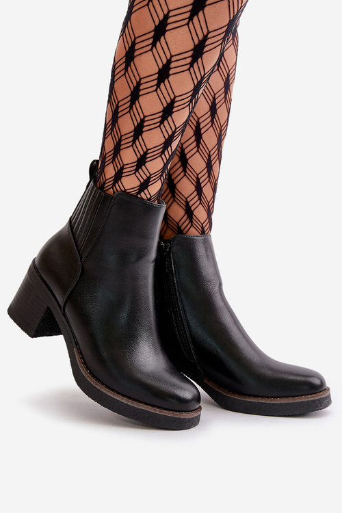 Ocieplane Botki Damskie Na Słupku Eko Skórzane Czarne Irittes