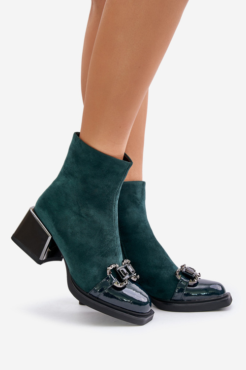 Eleganckie Botki Damskie Na Obcasie Z Ozdobą Ciemnozielone MR880-127