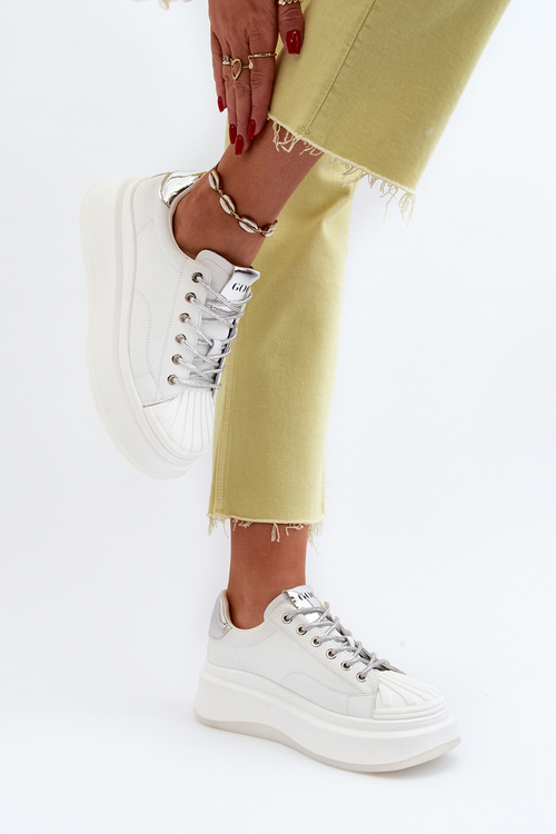 Skórzane Sneakersy Damskie Na Platformie GOE NN2N4033 Białe