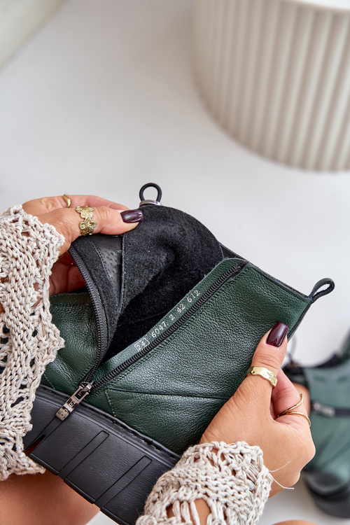 Zazoo 60472 Skórzane Botki Na Platformie I Koturnie Ciemnozielone