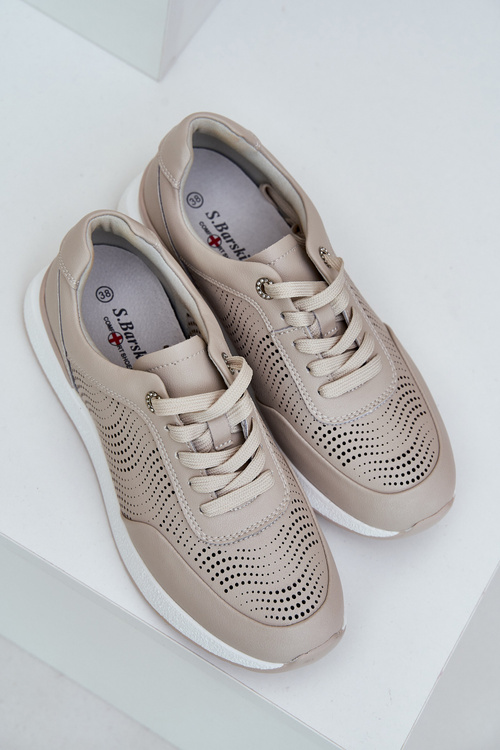 Skórzane Buty Sportowe Sneakersy Damskie S.Barski LR51-551 Beżowe