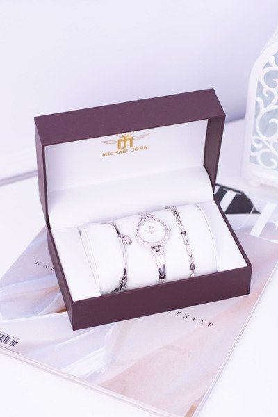 Zestaw Michael John Damski Srebrny Zegarek Z Cyrkoniami Dwie Bransolety