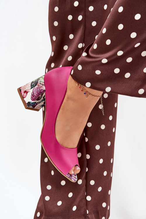 Skórzane Czółenka Z Ozdobnym Obcasem Lewski Shoes 2608/K Fuksja