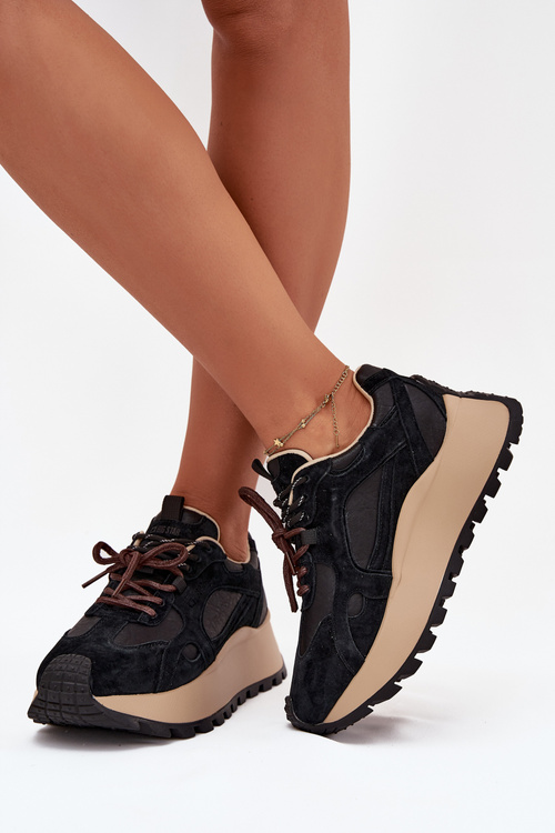 Skórzane Sneakersy Na Platformie Damskie Big Star SS274628 HI-POLY SYSTEM Czarne