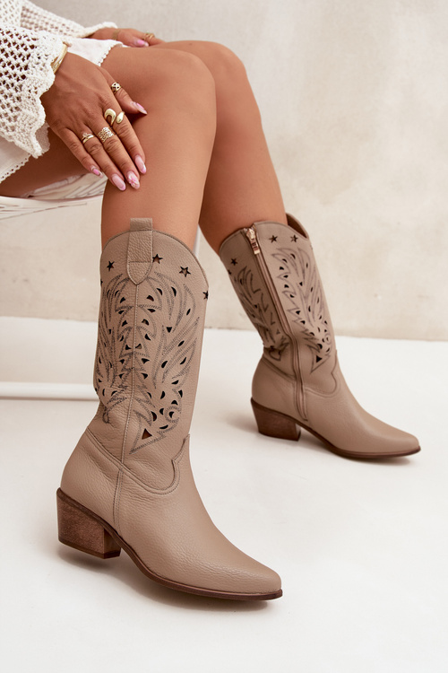 Skórzane Kozaki Z Ażurową Cholewką Zazoo 3714 Ciemnobeżowe