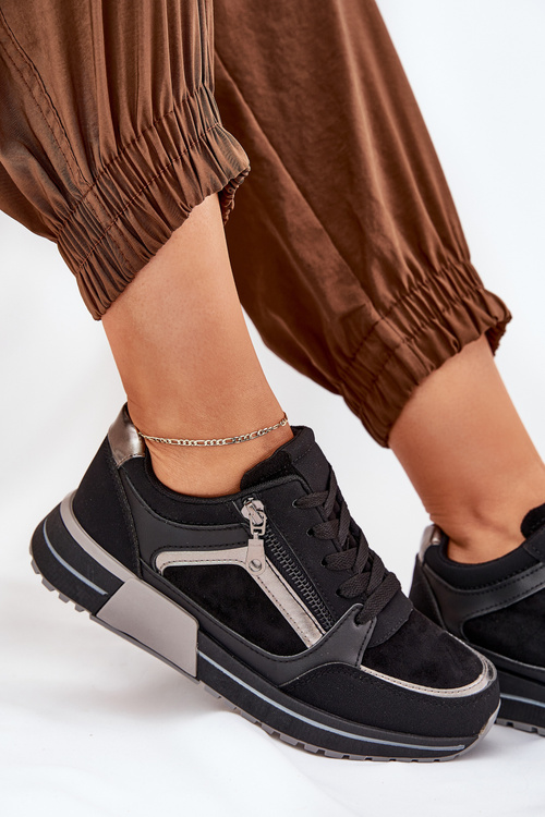 Buty Sportowe Damskie Z Suwakiem Na Platformie Czarne Larys