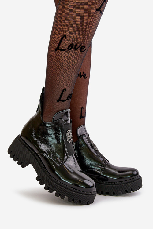 Zazoo 60451 Damskie Skórzane Botki Z Ozdobą Lakierowane Czarne