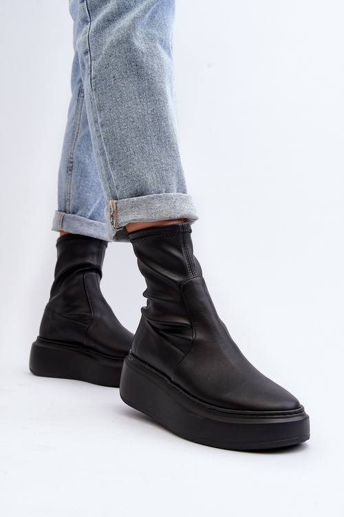 Zazoo 3395 Skórzane Botki Damskie Na Masywnej Platformie Czarne
