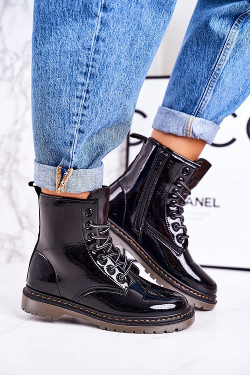 Damskie Ocieplane Trapery Glany Lakierowane Czarne Thunder