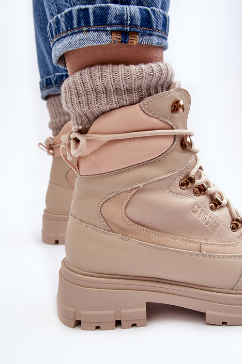 Ocieplane Trapery Botki Sznurowane Damskie Jasnobeżowe Big Star MM274664