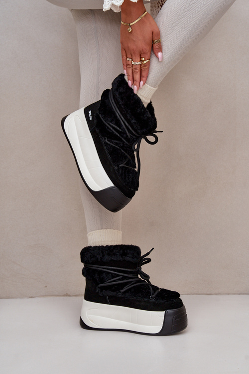 Skórzane Śniegowce Damskie Na Grubej Podeszwie Z Futerkiem Big Star OO274A206 Czarne