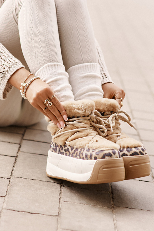 Skórzane Śniegowce Damskie Na Grubej Podeszwie Z Futerkiem Panterka Big Star OO274A208 Brązowe