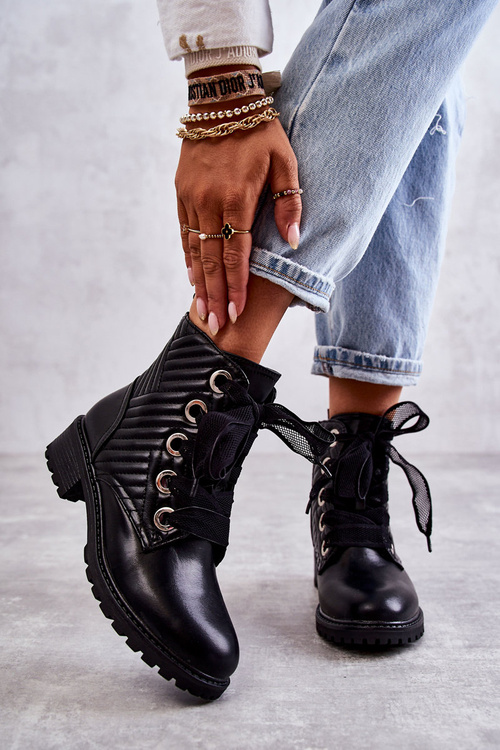 Skórzane Pikowane Botki Z Ociepleniem Czarne Torino