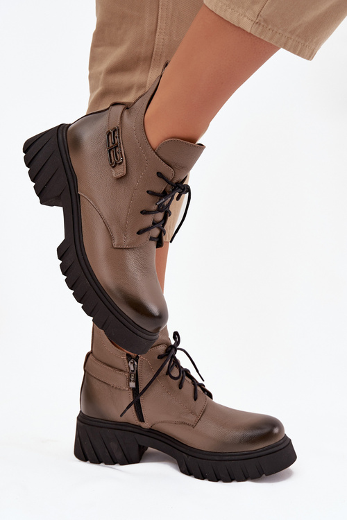 Zazoo 60483 Damskie Skórzane Botki Z Niską Cholewką Ocieplane Ciemnobeżowe